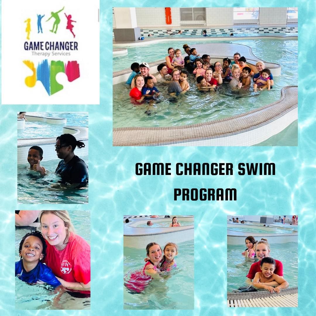 A Game Changer Swim Program photo collage showing group and one-to-one pool sessions with staff