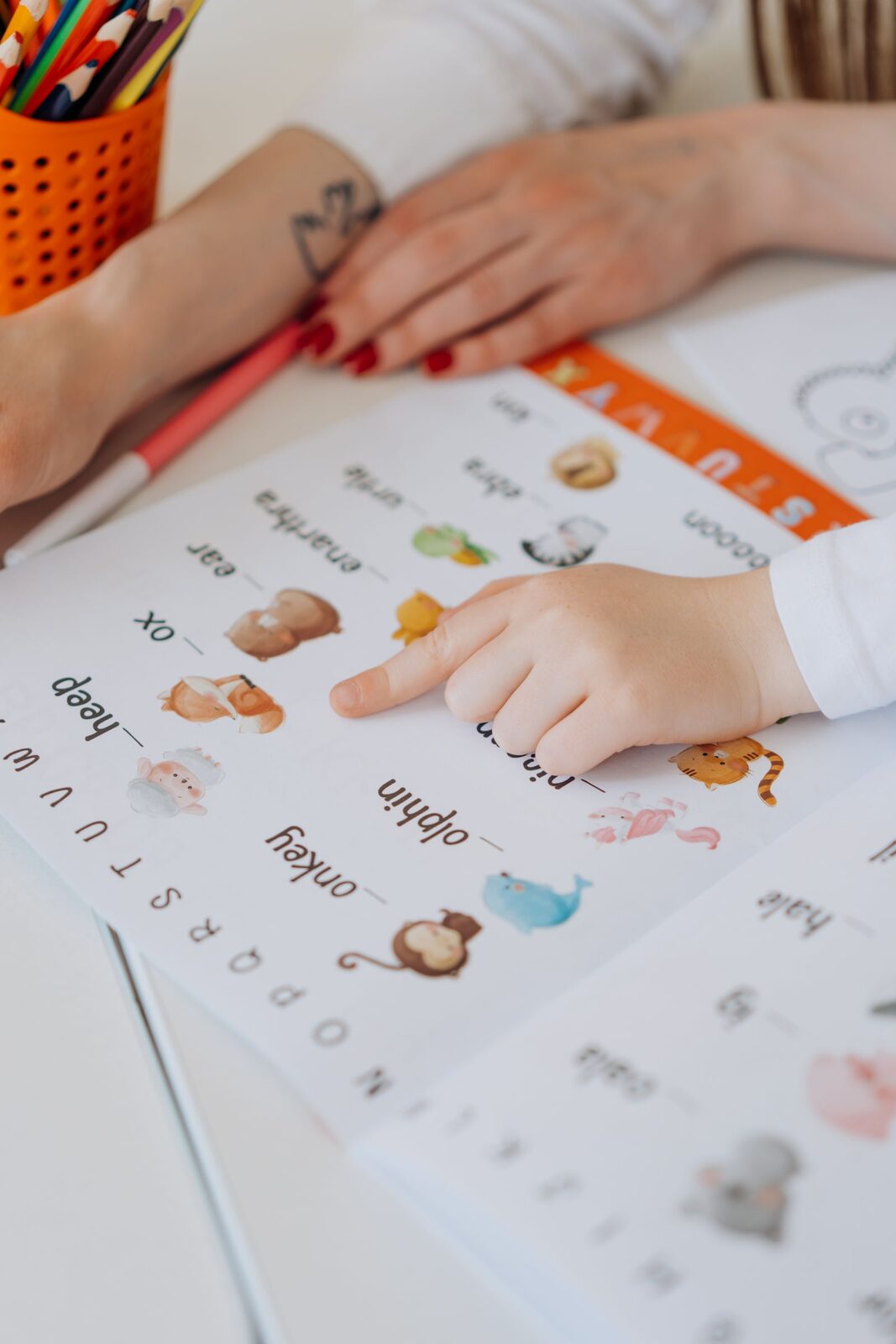 A young child pointing to letters in an alphabet book
